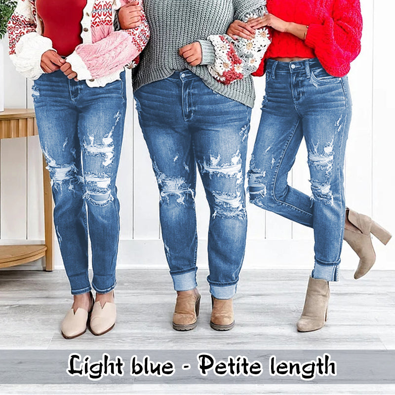 Ταλαιπωρημένα τζιν με μανσέτες Boyfriend για τον έλεγχο της κοιλιάς