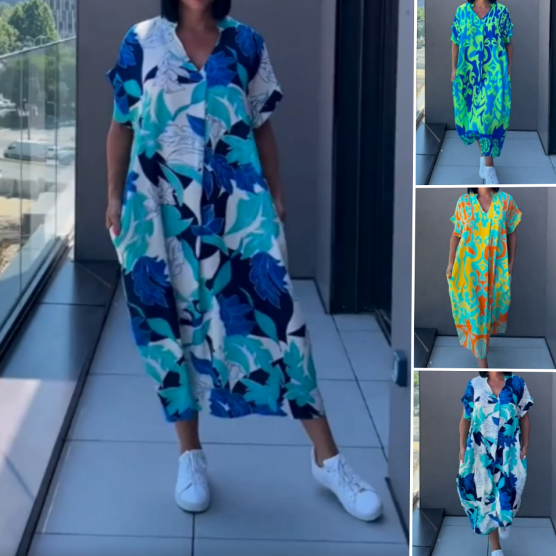 🌸Ανοιξιάτικες προσφορές💐 Γυναικείο casual κομψό τυπωμένο φόρεμα με V-λαιμό