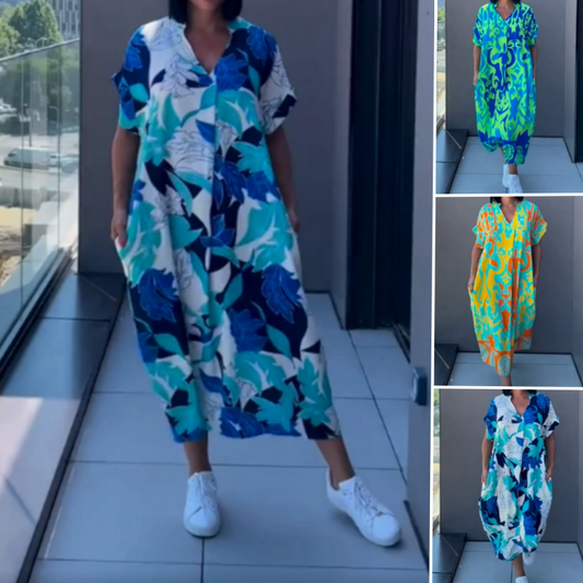 🌸Ανοιξιάτικες προσφορές💐 Γυναικείο casual κομψό τυπωμένο φόρεμα με V-λαιμό