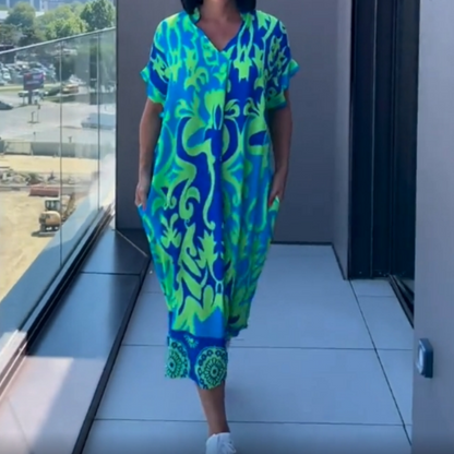 🌸Ανοιξιάτικες προσφορές💐 Γυναικείο casual κομψό τυπωμένο φόρεμα με V-λαιμό