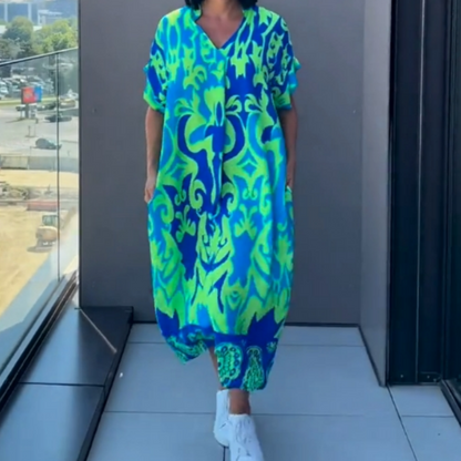 🌸Ανοιξιάτικες προσφορές💐 Γυναικείο casual κομψό τυπωμένο φόρεμα με V-λαιμό