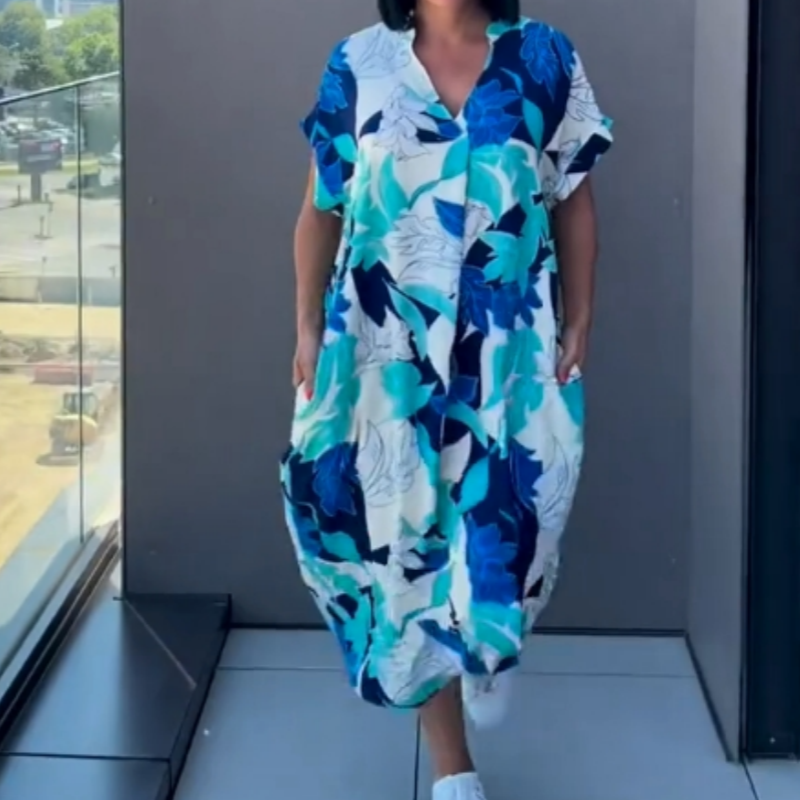 🌸Ανοιξιάτικες προσφορές💐 Γυναικείο casual κομψό τυπωμένο φόρεμα με V-λαιμό