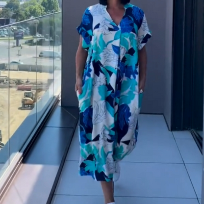 🌸Ανοιξιάτικες προσφορές💐 Γυναικείο casual κομψό τυπωμένο φόρεμα με V-λαιμό