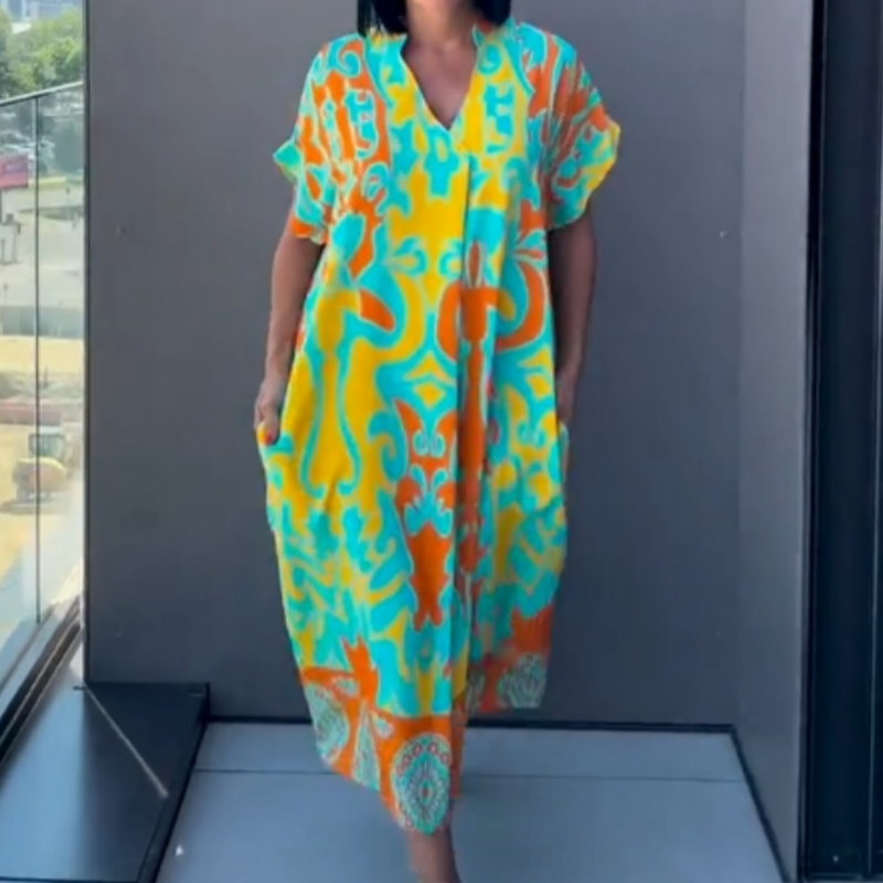 🌸Ανοιξιάτικες προσφορές💐 Γυναικείο casual κομψό τυπωμένο φόρεμα με V-λαιμό