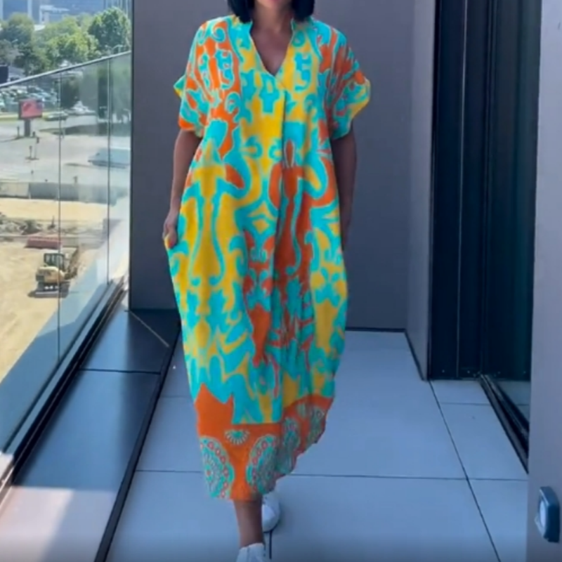 🌸Ανοιξιάτικες προσφορές💐 Γυναικείο casual κομψό τυπωμένο φόρεμα με V-λαιμό